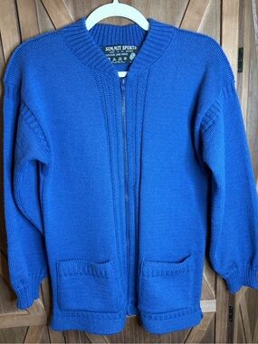 SUMMIT SPORTS Vintage Blue 100% Pure New Wool Zip Cardigan Sweater SIZE MEDIUM
